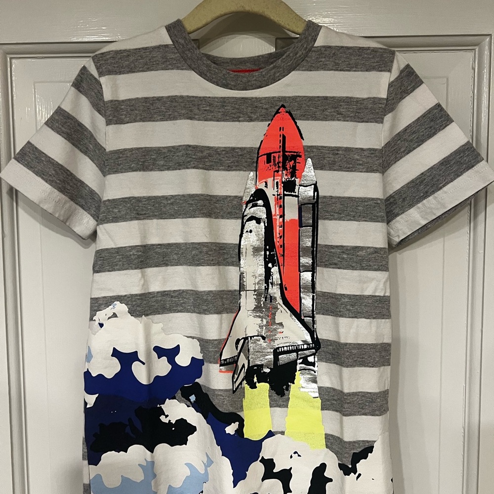 Mini Boden Gray and White Striped Rocket Tee
